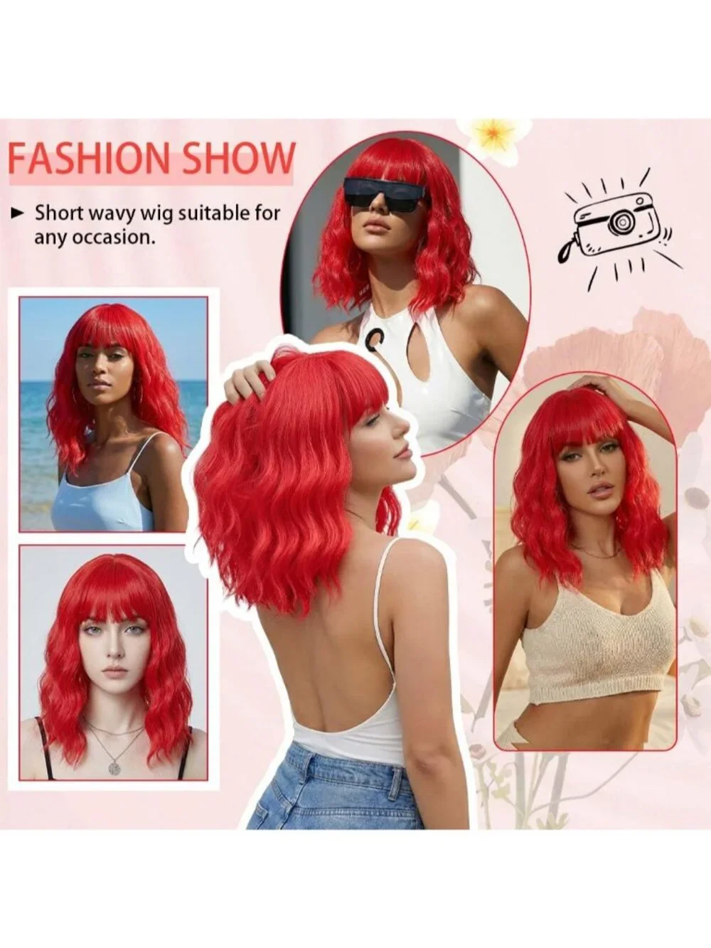 Women's Dark Red 14 Inch Short Shoulder Length Synthetic Bangs Wavy Bob Wig